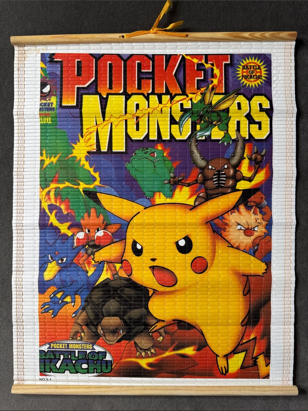 Vintage 1999 Pokémon Battle of Pikachu Mini Bamboo Wall Scroll Collectible RARE